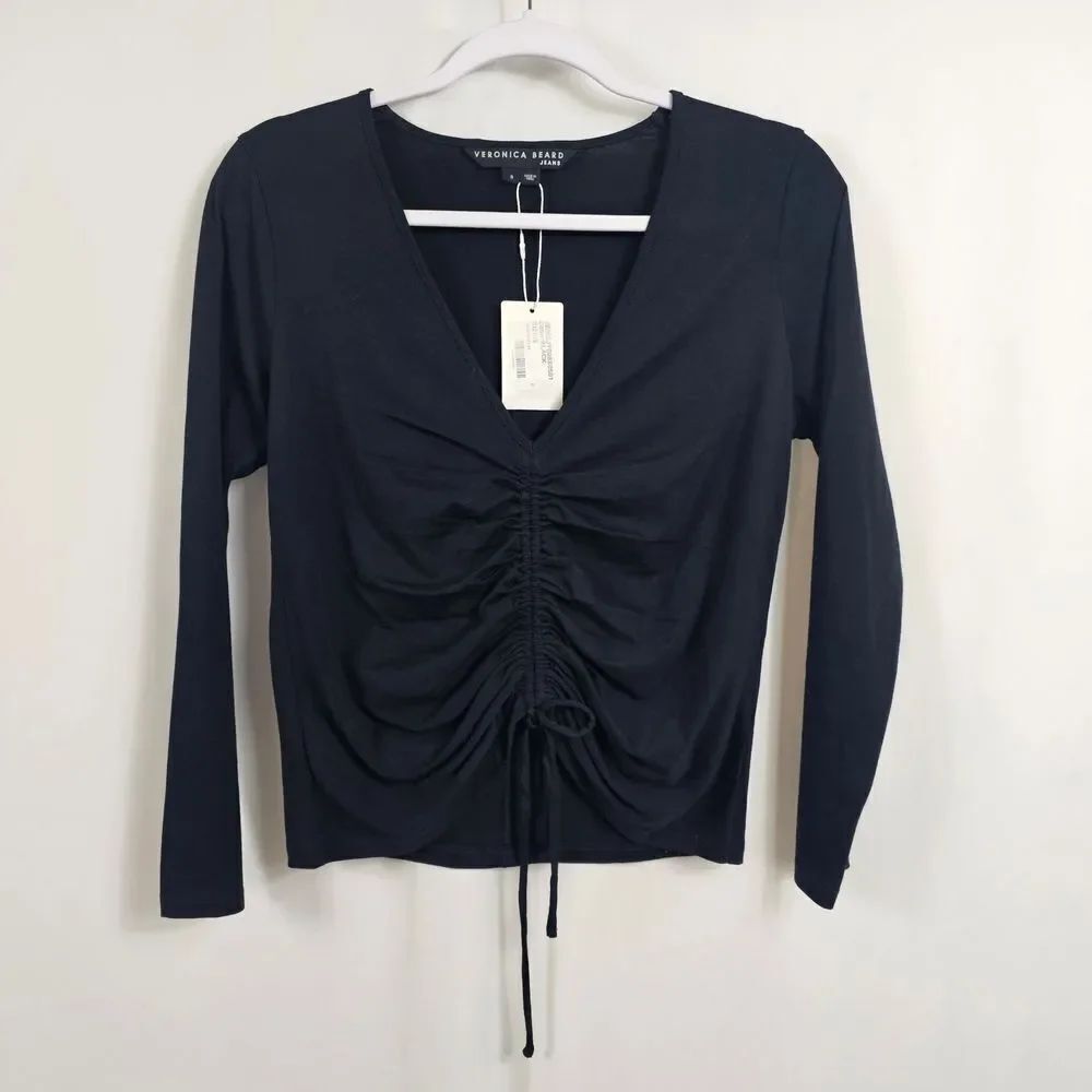 NWT Veronica Beard Kerr Ruched Long Sleeve Top in Black - Size S